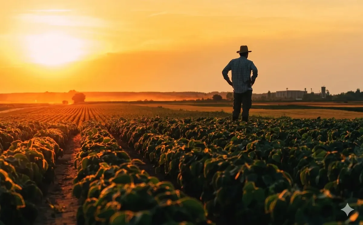 Campo de soja ao entardecer no Brasil — imagem ilustrativa